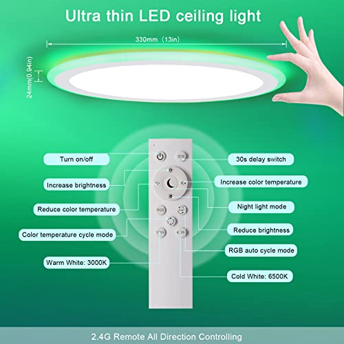 Marfete Flush Mount Led Ceiling Light Dimmable With Remote Control, 13Inch 30W Rgb Sidelight Close To Ceiling Light Fixture 3000-6500K, Modern Ultra-Thin Round Ceiling Lamp #TOP5