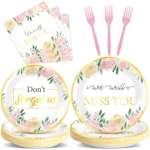 100PCS We Will Miss You Plate and Napkin Farewell Retirement Party Supplies Spring Pink Floral Plates Disposable Don't Forget Us Decor for Goodbye Office Good Luck Going Away Dinnerware Serves 25