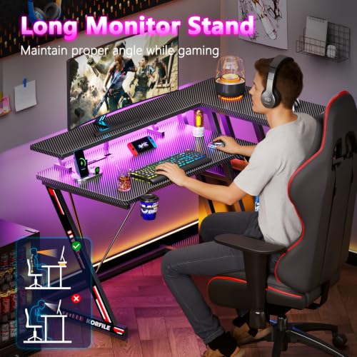 Image of Korfile 40 Inch Gaming Desk with Power Outlet, LED, Carbon Fiber Black