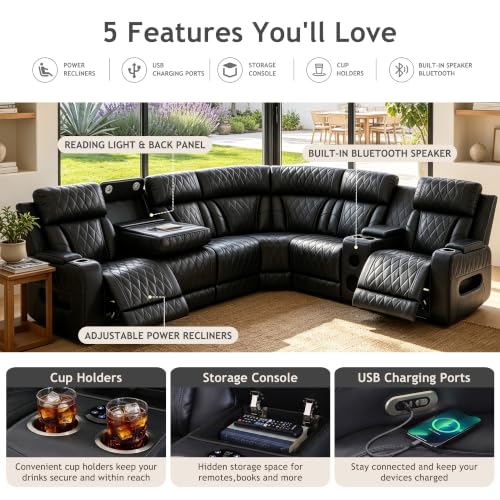 Image of Dark Grey Power Reclining Sectional Sofa with Cup Holders /Storage, 5 Seater | L-Shaped Recliner Couch with USB Charging /Storage, Home Theater Seating, Leather Furniture for Living Room, House, Apartment