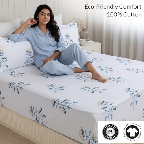 Image of HOMEMONDE Cotton Fitted Sheet Double Size Elastic Fitted Bedsheets with Two Pillow Covers |186 TC | Floral Design (78 X 60 inch, Turquoise & Blue) | Perfect for Home Decor & Gifting