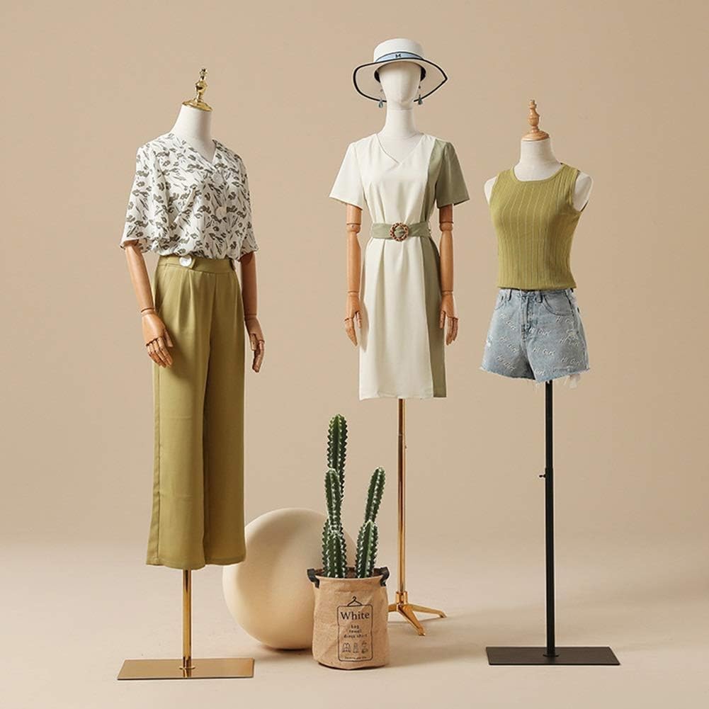 Female Mannequin Dress Form Torso - Linen Fabric Tailors Dummy with Detachable Head & Gold Stand - Size S/M for Clothing Display & Fashion Design Showcase