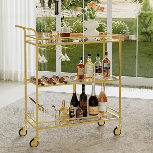 La Mejor Selección de Carros de servir que puedes comprar esta semana. 48 Alihdrna - Carrito de bar dorado con asa, carrito de vino con estantes de vidrio de 3 niveles, carrito de bebidas con estante de vino y soporte de vidrio, carros de bar para el...
