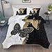 AILONEN Butterfly Comforter Set Queen Size, Black Gold Butterfly Diamonds Pattern Bedding Set for Girls Adults,Luxury Black White Soft Lightweight Duvet Set 3 Pieces(1 Comforter + 2 Pillowcases)