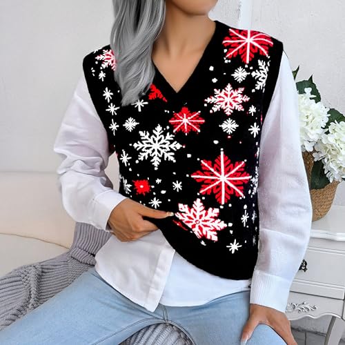 Image of JULYCLO Christmas Sweater Vest Women Ugly Xmas Reindeer Knit Sweaters Casual Santa Snowflake V Neck Sleeveless Outwear Tops