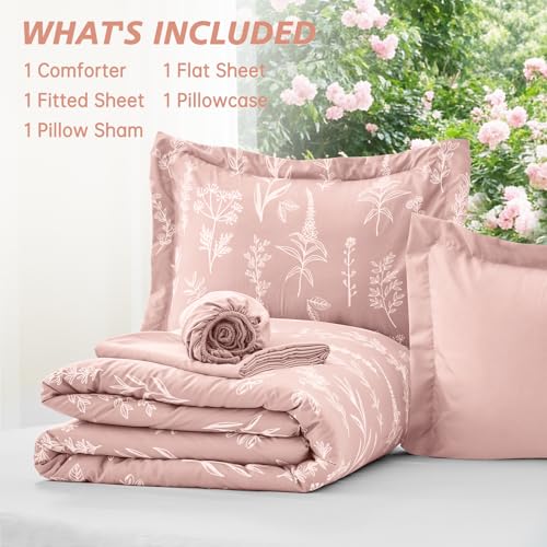 Image of MUXHOMO Cameo Pink TwinXL Comforter Set, Elegant Floral Print Bed in a Bag 5 Pieces, Ultra Soft & Breathable Reversible Botanical Pattern Bedding Set with Comforter, Sheets, Pillowcase, and Sham