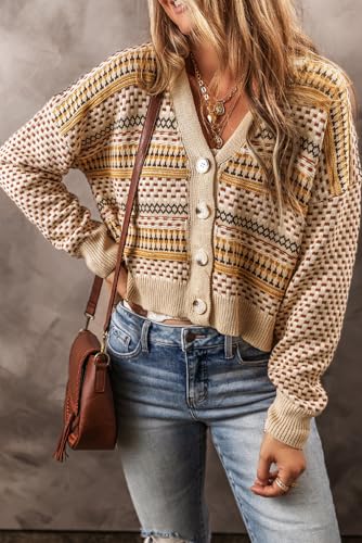 Chunky Fit Silhouette: Khaki Striped Cropped Cardigan with V-Neck3