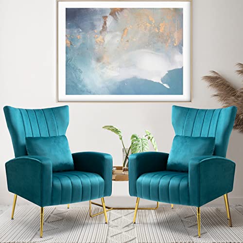 X-VOLSPORT Velvet Accent Chairs Set of 2, Mid Century Modern High Back Living Room Chair with Waist Pillow, Upholstered Arm Chair with Metal Gold Legs for Bedroom, Club, Blue