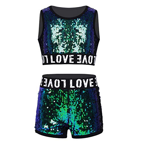 Alvivi Traje Lentejuelas de Danza Jazz Hip-Hop Niñas Infántil Ropa Baile Callejero Tops Camiseta sin Mangas Pantalón Corta Cintura Elástica Disfraz de Baile Niños Chicas Plateado 7-8 Años