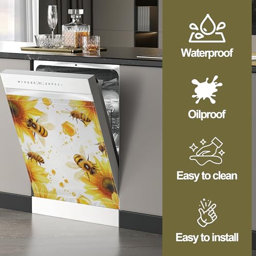Image of Bees Flying Dishwasher Magnets Decorative Cover,Sunflowers Magnet Fridge Panel Decal for Home Kitchen Decor,23x26 in