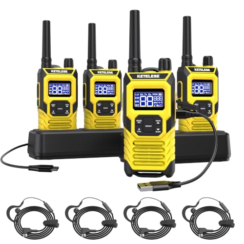 Image of KETELESE T4 FRS Two Way Radio Earpiece with Mic, Walkie Talkie Long Range for Adults, IP67 Waterproof Walkie Talkies, 22 Channel, NOAA Wheather Alert, PTT, VOX, Yellow, 4Pack