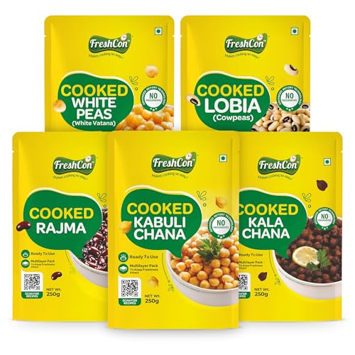 Freshcon Trial Pack - Pre-Cooked 250g Packs - Each | Kabuli Chana, Rajma, Kala Chana, White Peas & Lobia | Soaked & Boiled, Preservative Free | Ready To Use Ideal for India Curry