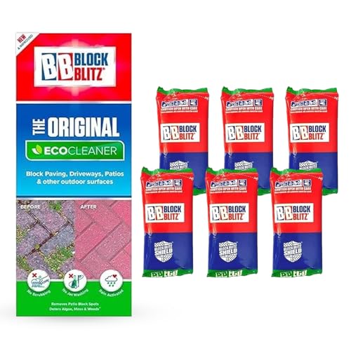 Block Blitz Block Paving Eco Cleaner. Removes and Prevents Algae Moss and Black Spot. Deters Weed Growth for up to 6 Months. 6 x Pouches. Treats 30 sq/m.