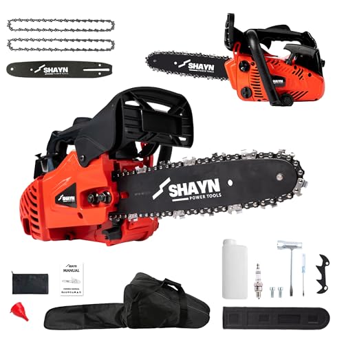 SHAYN 25.4cc Petrol Chainsaw - 2-Stroke Top Handle Chain Saw with 10 Bar, 2 Spare Chain, Anti-Vibration, Low-Noise, Auto Oiler, Toolkit & Carry Bag- Lightweight Garden Saw with 3-Year Warranty (Red)