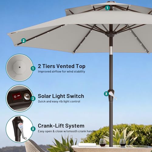 Image of AreShark 9ft 2 Tiers Patio Umbrella with Solar Lights, Outdoor Umbrella w / 32 LED Lights&8 Sturdy Ribs, Table Umbrella for Deck, Backyard, Pool(Light Gray)