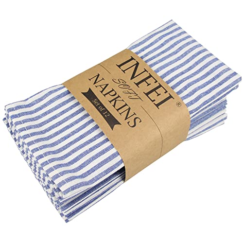 Infei Plain Striped Cotton Linen Blended Dinner Cloth Napkins - Set Of 12 (17 X 17 Inches) - For Events & Home Use (Blue) #TOP20