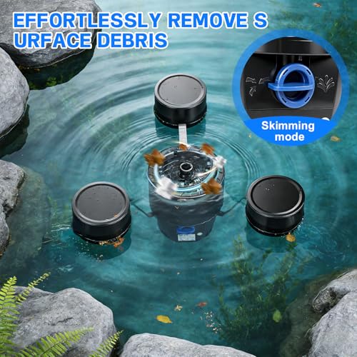 EXLECO Schwimmskimmer für Teiche bis 40 m², 2500 L/H 45W Oberflächenabsauger mit Brunnenaufsätzen, Schwimmender Skimmer, Blättersammler, Standskimmer für Gartenteich Teichpflege Teichreinigung