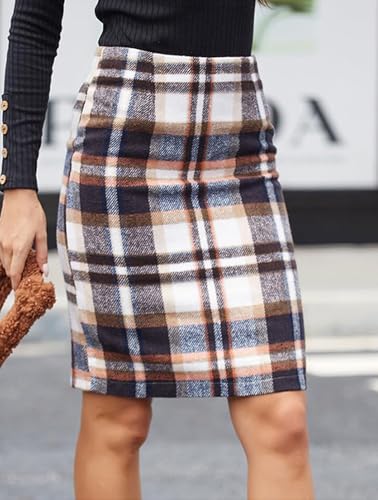 Women's Plaid Pencil Midi Skirt High Waist Zipper Bodycon Knee Length Skirt Fall Winter2