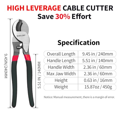 Image of 10 Inch Large Cable Cutter Heavy Duty High Leverage Big Wire Cutting Plier Tool for 4 /0 Aluminum 2 /0 Soft Copper and 100PR 24AWG Comm Cable, Black