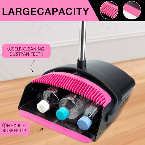 Image of Broom and Dustpan Set, Long Handle Lightweight Dustpans with Broom Combo for Home, Indoor&Outdoor Sweeping for Home Room Kitchen Office Lobby (Black Pink)