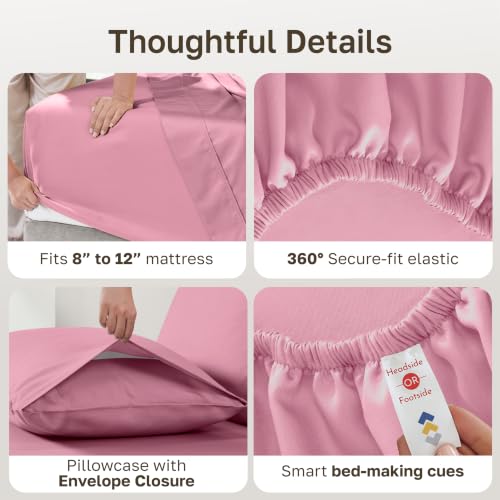Image of California Design Den Twin Bed Sheets Set - Natural 100% Cotton Sheet Set, Soft Sateen Weave, Fully Elasticized 12 inch Pockets, Breathable and Durable Bedding - Doll Pink