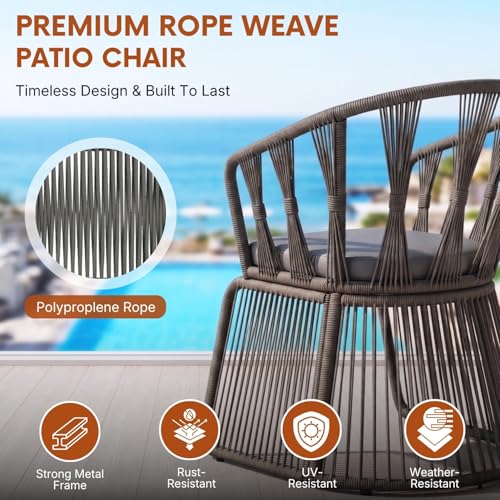 Image of DEVOKO Outdoor Rope 3-Piece Patio Furniture Set with Cushions & Glass Top Table, All-Weather Balcony Chairs Set for Garden & Lawn (Grey & Dark Grey)