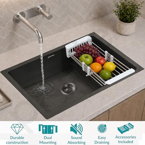 Image of Plantex Stainless Steel Handmade Kitchen Sink /Single Bowl Sink For Kitchen With Drain Rack and Coupling and Waste Pipe /Undermount /Topmount (Black- 30X18 Inches)