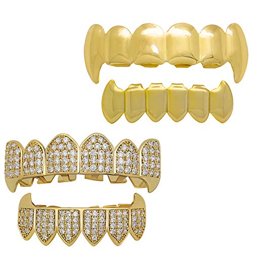 LuReen Teeth Grillz 2 Sets, CZ Diamond Paved Gold Grillz Vampire Fangs Cosplay One Set with Fangs Gold Grills One Set for Men Women