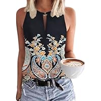 SENBATU Camiseta sin Mangas para Mujer, Blusas Informales de Verano con Cuello en V Paisley Floral Boho Negro Large L 42-44