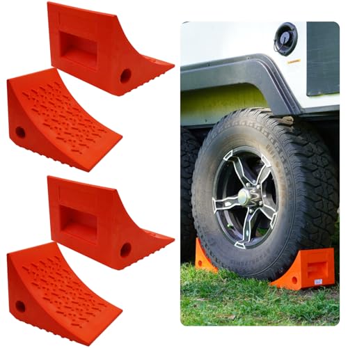 SECURITYMAN 4 Pack Wheel Chocks - Constructed of Heavy Duty Solid Polyurethane Rubber for 20,000 lbs - Great for RV, Camper, Truck, Travel Trailer Wheel Chocks - All Surfaces and All Weather - Orange