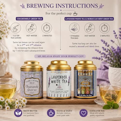 Image of Sancha Tea Boutique, Calming Tea Bundle, Lavender, Chamomile & Mint Herbal Infusions, 50 Pyramid Bags & 100g Loose Leaf, Caffeine Free Relaxation Value Pack