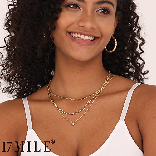 17 MILE Gold Layered Choker Necklace for Women, 14K Real Gold Plated CZ Pendant Necklace, Dainty Flat Snake Chain Layering Necklace for Gift2
