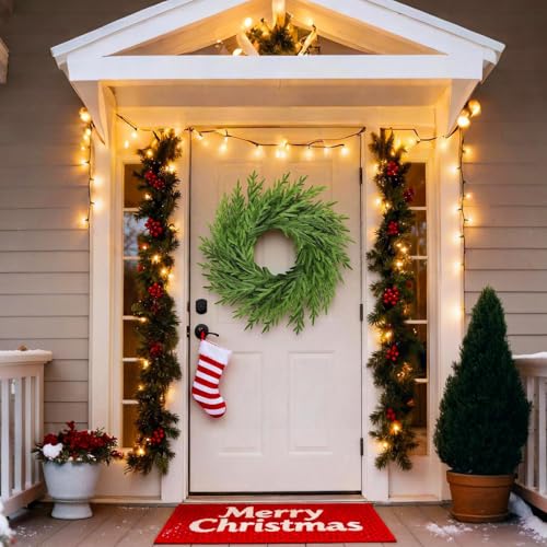 Image of 26 inch Artificial Spring Summer Christmas Greenery Wreath for Front Door,Real Touch Artificial Norfork Pine Wreath for Outoor Inooor Porch,Window,Wall,Xmas, Year Round Home Decor