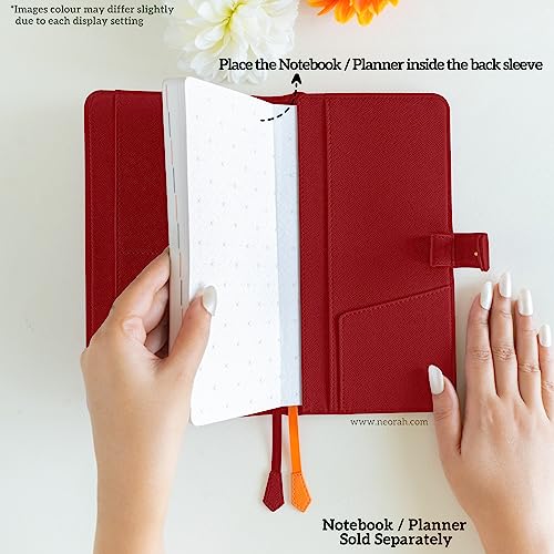 Image of NEORAH- PETITE Notebook SLEEVE with SNAP Button -[SLEEVE ONLY]|Vegan Leather|Office Diary Holder with Penloop|2 Front & 1 Back Pocket|4 Card Slots|2 BookMarks -Fits any PETITE Softcover - RED