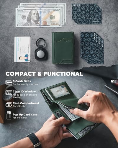 Image of VULKIT Pop up Card Wallet with AirTag Holder RFID Blocking Credit Card Holder with Banknote Compartment & ID Window for Men(New Green)