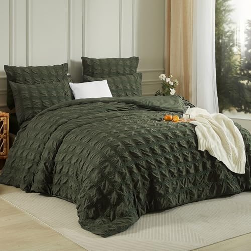 Luowei Seersucker Bettwäsche 155x220cm Kariert Olivgrün Grün Flauschig...
