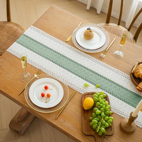 Image of FEXIA Boho Table Runner for Home Decor with Tassels 108 Inches Long,Sage Green Farmhouse Rustic Table Runner Macrame Burlap Table Decoration for Living Room Bridal Shower(12x108 Inches)