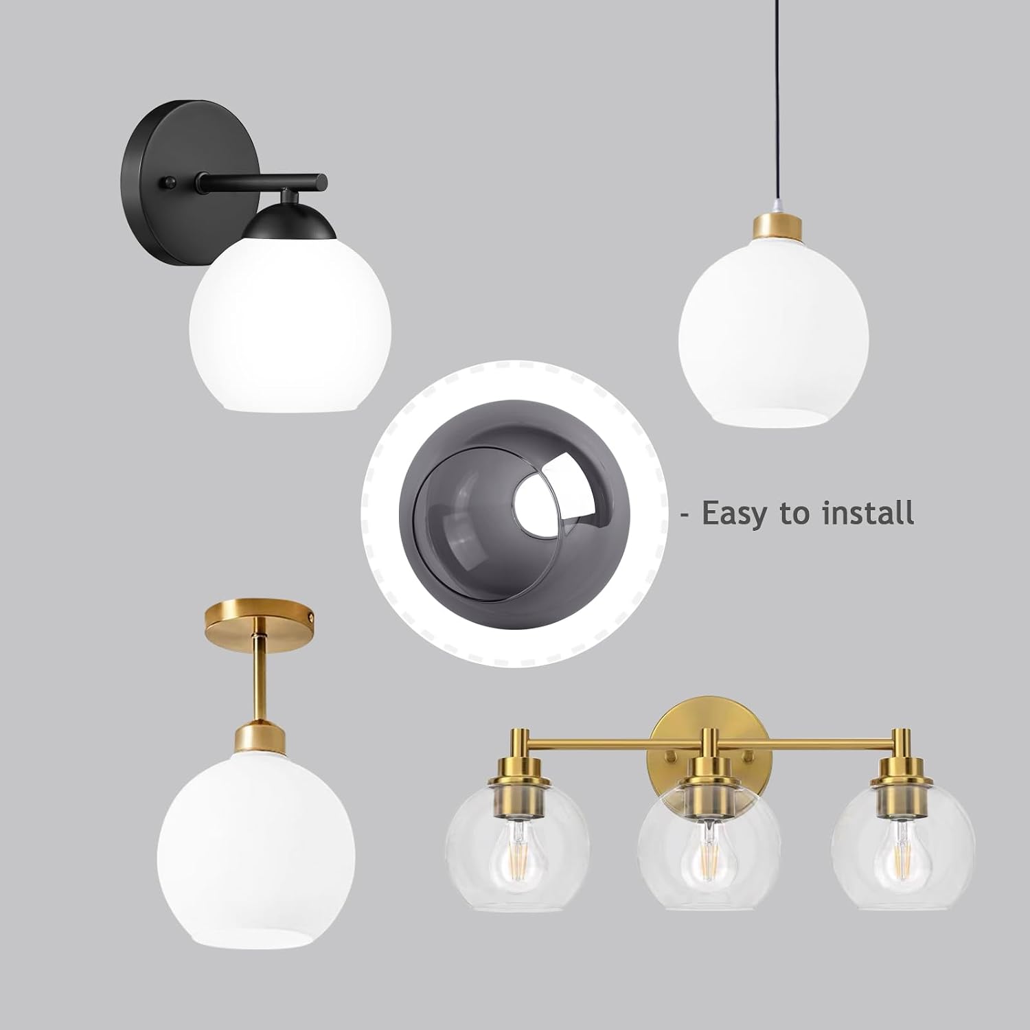 3 Pack Smoke Gray Glass Globe Shade Fixture Replacement, 5.9 Inch Diameter, E26 Base 1-5/8 Inch Fitter, Glass Globe Lampshade Cover for Pendant Wall Sconce Chandelier Vanity Light