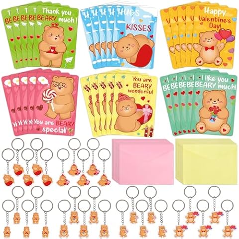 Renbuzhu 30Pcs Valentines Day Cards Keychain for Kids - Bear Envelope Set Exchange Gifts for Boys Girls School Classroom Party Favors Cover