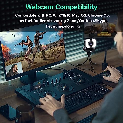 Webcam 4K, Webcam mit Mikrofon, FHD Facecam Streaming-Webcam mit Ringlicht, Stativ, Abdeckung, Web Kamera für PC Laptop Desktop Mac, Kamera PC für Live-Streaming, Videoaufnahme, Telearbeit, Konferenz – Bild 4