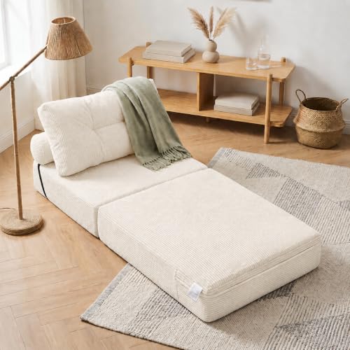 Image of Floor Sofa Bed, Convertible 2-in-1 Corduroy Couch with High-Density Sponge, Foldable Stackable Seat for Living Room Bedroom Dorm Game Room, No Assembly Required (White)