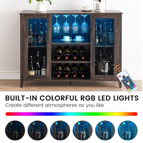 Image of Farmhouse Wine Bar Cabinet with LED Light, Wood Storage Cabinet with Glass Doors, Adjustable Shelves, Wine & Coffee Station for Dining Room, Living Room, Home Bar,Oak