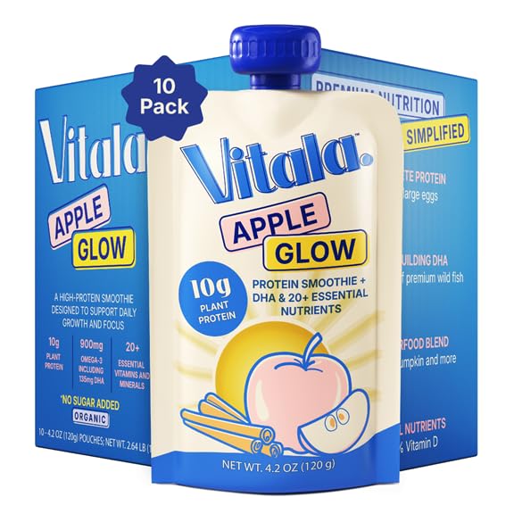 Vitala Organic Protein Smoothie Pouches for Kids & Adults, 10g Plant Protein, 135mg DHA Omega-3,...