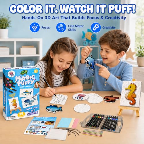 Image of MZYTOZA Magic Foam Texture Painting Kit - 3D Art Craft Magic Puffs Paint Kit, 15 Mess-Free Paint by Number Craft for Kids (Blue)