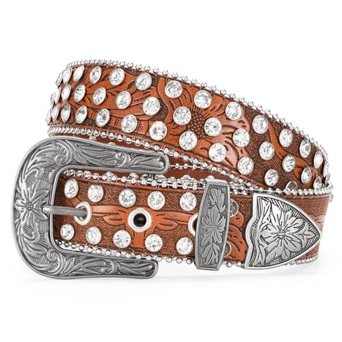 WERFORU Western Rhinestone Leather Belt,Cowgirl Cowboy Bling Belt For Jeans With Silver Vintage Western Buckle,Brown