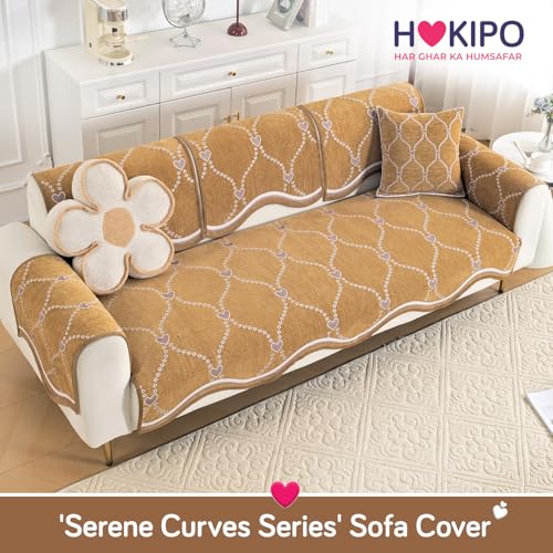 Image of HOKIPO Complete (Seat+Back+Arm) Sofa Mat Set for 3 Seater Sofa |Premium Chenille Sofa Covers with Curve Edges, 'Serene Curves Series' - Love Trails (IN-997+1002+1001 * 2 - D2)