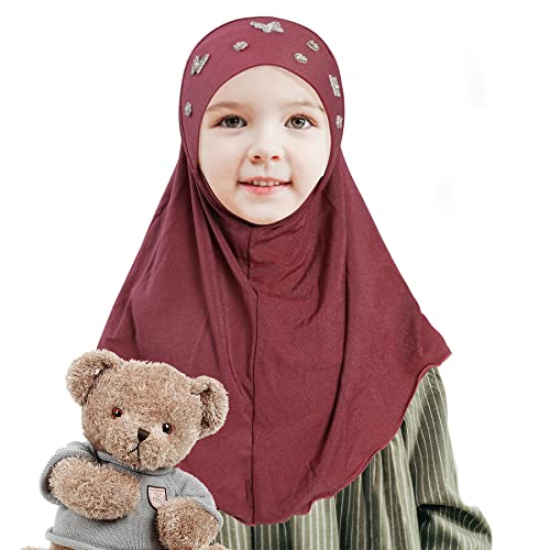 Lenmipot Little Girls Hijab Islamic Kids Hijab Headscarf Handmade Butterfly Rhinestone Muslim Hijab Cap for Girl (2-5year)