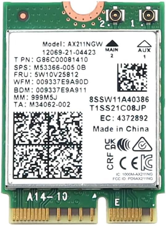 Intel AX211NGW Wi-Fi 6E Laptop Mobile Wireless Card: Tri-Band (2.4/5/6GHz), 2.4Gbps max Speed, Bluetooth 5.3, M.2 2230 CNVio2, MU-MIMO, OFDMA, Miracast. Support for Windows, Linux and Chrome.