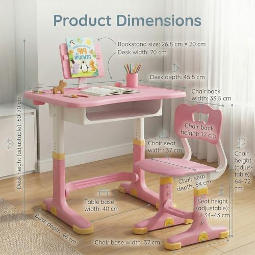Image of StarAndDaisy Study Table for Kids 5-12 Years Boys & Girls, Adjustable Height Study Table & Chair Set for Kids /Baby, Children with Book Holder & Storage & LED Light, Wide Deck - Pink