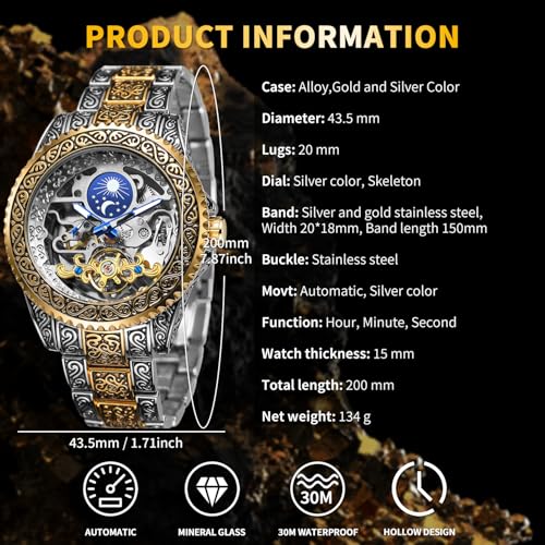 Image of Gute Men's Watch Retro Mechanical Skeleton Watch with Carved Automatic Tourbillon, Moon Phase, Independent Seconds, and Big Dial Design - Self-Wind Automatic Wrist Watches